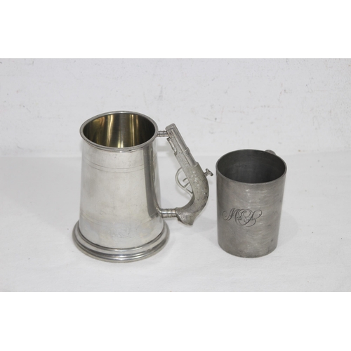 601 - QUANTITY OF PEWTER, SILVER PLATE AND AND OAK TANKARDS