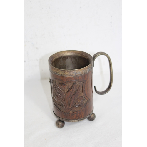 601 - QUANTITY OF PEWTER, SILVER PLATE AND AND OAK TANKARDS