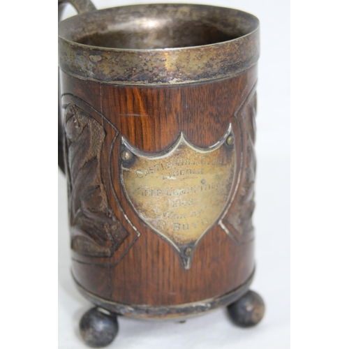 601 - QUANTITY OF PEWTER, SILVER PLATE AND AND OAK TANKARDS