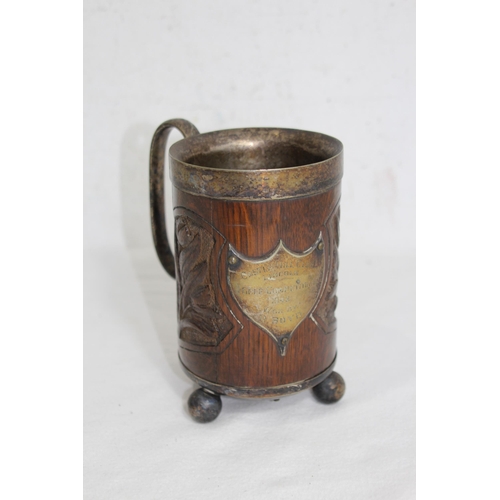 601 - QUANTITY OF PEWTER, SILVER PLATE AND AND OAK TANKARDS