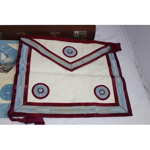 606 - LEATHER SUITCASE WITH MASONIC REGALIA