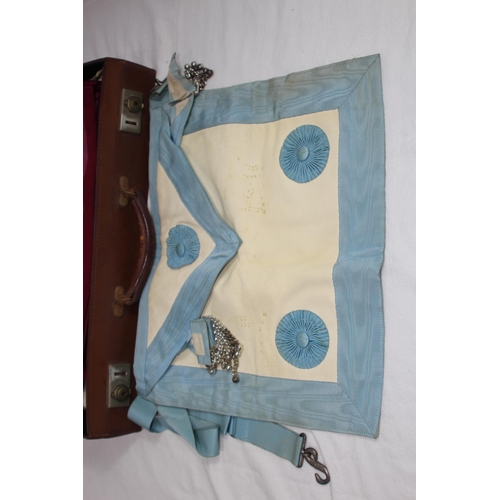 606 - LEATHER SUITCASE WITH MASONIC REGALIA