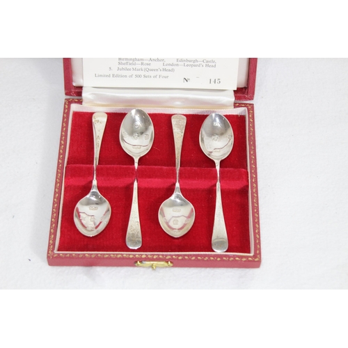 1102 - LIMITED EDITION CASED SILVER 4 SPOON SET OF BRITISH HALLMARKED SPOONS OF EDINBURGH, BIRMINGHAM, SHEF... 