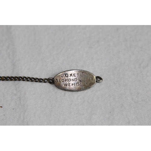 1105 - RARE ANTIQUE SILVER PET ADDRESS TAG AND CHAIN COLLAR LOOP - J.O KETLEY, 3 LOMAND CLOSE, WEMBLEY ON F... 