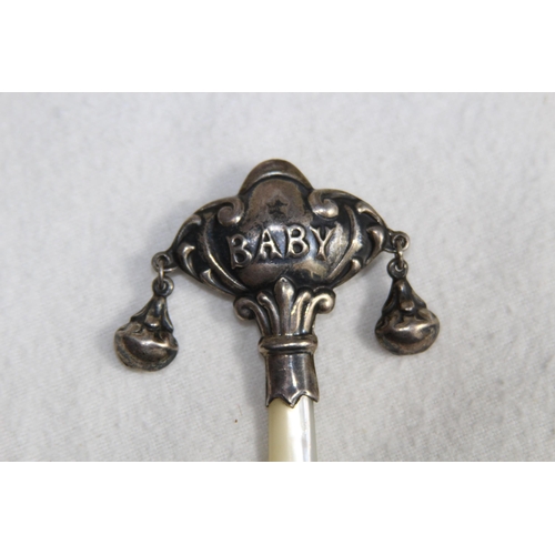 1126 - VINTAGE SILVER AND MOTHER OF PEARL BABY RATTLE