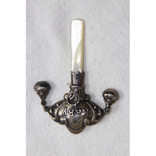 1126 - VINTAGE SILVER AND MOTHER OF PEARL BABY RATTLE