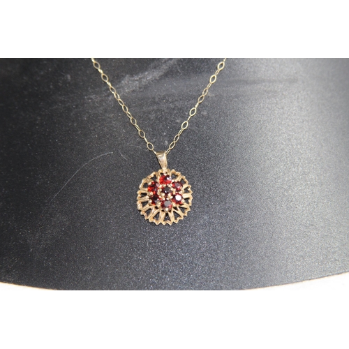 1195 - 9CT GOLD GARNET CLUSTER PENDANT NECKLACE