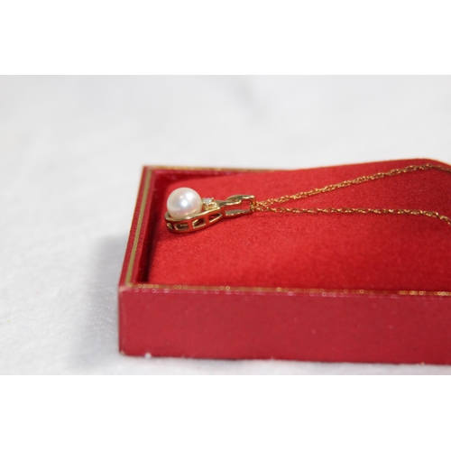 1208 - 9CT GOLD DIAMOND AND PEARL NECKLACE - 2.41G CASED