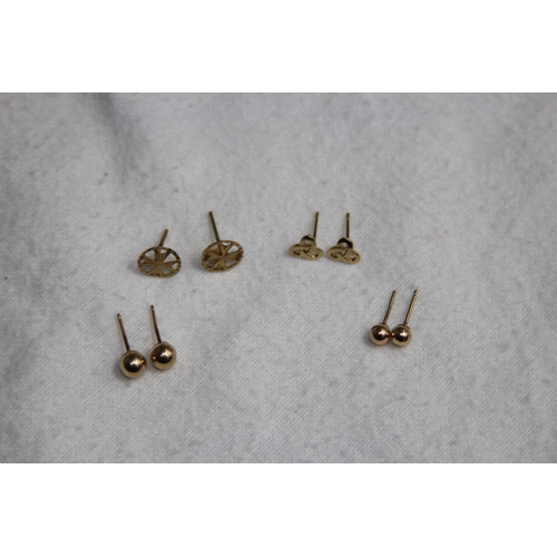 1209 - FOUR PAIRS OF 9CT GOLD EARRINGS - NO BACKS