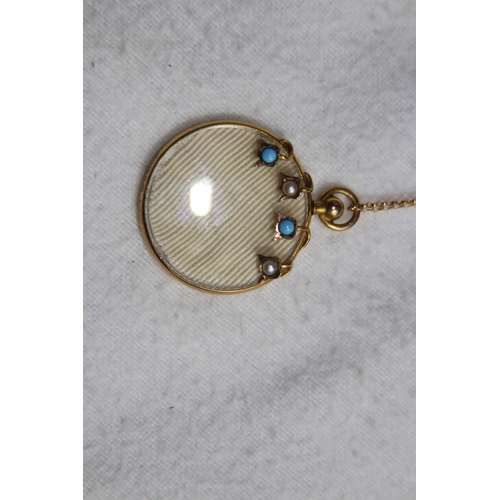 1219 - ANTIQUE 9CT GOLD CHESTER 1903 TURQUOISE AND PEARL SET LOCKET AND NECKLACE - 5.95G - BOXED