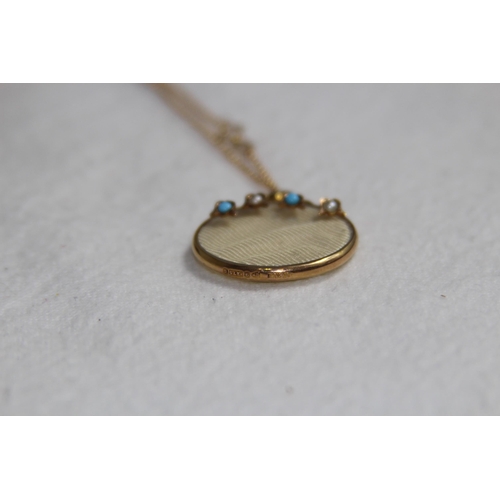 1219 - ANTIQUE 9CT GOLD CHESTER 1903 TURQUOISE AND PEARL SET LOCKET AND NECKLACE - 5.95G - BOXED