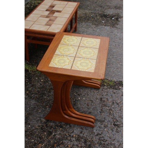 13 - RETRO TILED TOPPED COFFEE TABLE AND TILE TOPPED NEST OF TABLES 
46 X 38 X 88CM