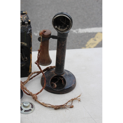 634 - ANTIQUE CANDLESTICK TELEPHONE AND TWO FIELD TELEPHONES - A/F