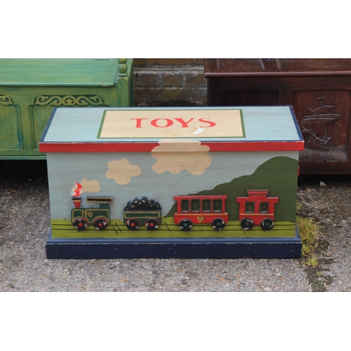 71 - PAINTED MONKS BENCH AND TWO TRUNKS
91 X 48 X 71CM