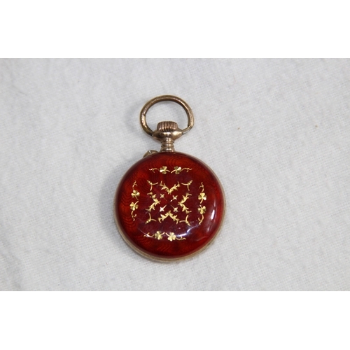 1110 - CONTINENTAL SILVER 800 AND ENAMEL FOB POCKET WATCH - RED AND GOLD DESIGN