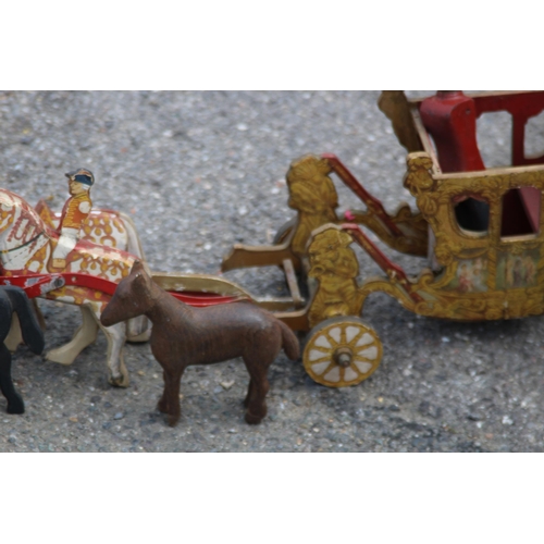 709 - ANTIQUE WOODEN HANDMADE HORSE AND COACH