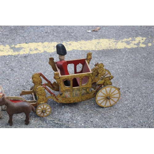 709 - ANTIQUE WOODEN HANDMADE HORSE AND COACH