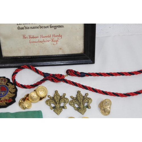 761 - QUANTITY OF MILITARY ITEMS INCLUDING CITATION, BADGES, BUTTONS ETC