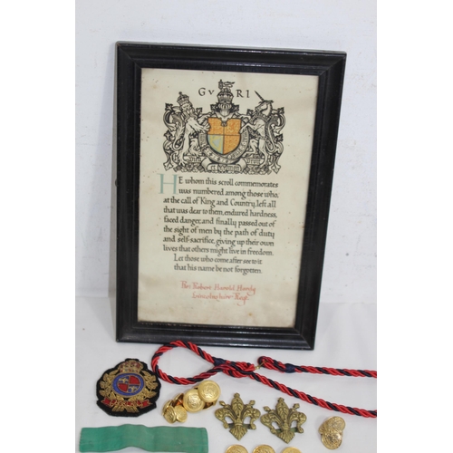 761 - QUANTITY OF MILITARY ITEMS INCLUDING CITATION, BADGES, BUTTONS ETC