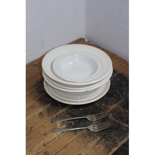 747 - WW2 DATED BRITISH CHINA PLATES AND FORKS PLUS POST WAR BRITISH CHINA WARE