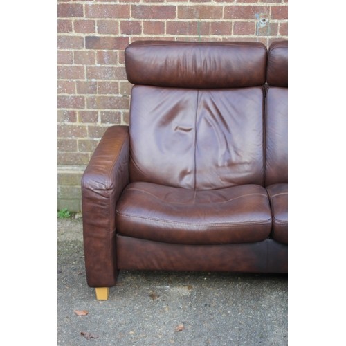 52 - BROWN LEATHER EKORNES THREE SEATER SOFA 
216 X 77 X 100CM