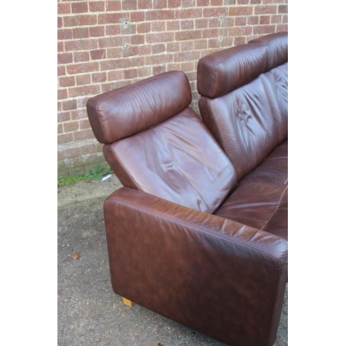 52 - BROWN LEATHER EKORNES THREE SEATER SOFA 
216 X 77 X 100CM