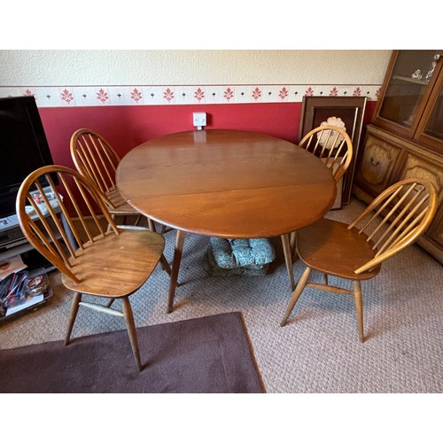 26 - MID CENTURY DROP LEAF DINING TABLE AND FOUR ERCOL HOOP BACK CHAIRS
125 X 113 X 70CM SHUT 63CM