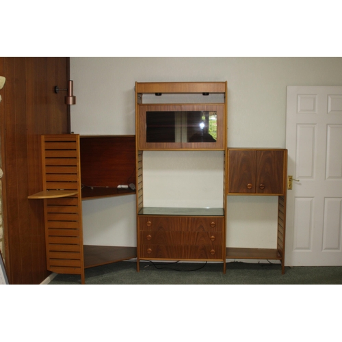 27 - QUANTITY OF MID CENTURY STAPLES FREE STANDING SHELVING UNIT
THIS INCLUDES GLASS CUPBOARD 89 X 48 X 3... 