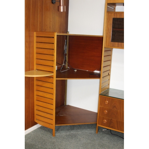 27 - QUANTITY OF MID CENTURY STAPLES FREE STANDING SHELVING UNIT
THIS INCLUDES GLASS CUPBOARD 89 X 48 X 3... 