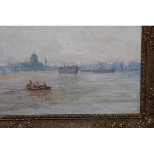 172 - VINTAGE OIL ON CANVAS OF A HARBOUR SCENE 
92 X 63CM