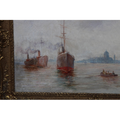 172 - VINTAGE OIL ON CANVAS OF A HARBOUR SCENE 
92 X 63CM