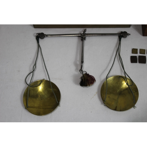 427 - 2 OFF VICTORIAN APOTHECARY SCALES AND ONE MODERN WITH WEIGHTS