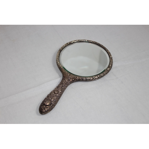 1091 - LARGE SILVER HAND MIRROR WITH BEAUTIFUL FLORAL EMBOSSED DECORATION WITH A LARGE VARIETY OF FLOWERS B... 