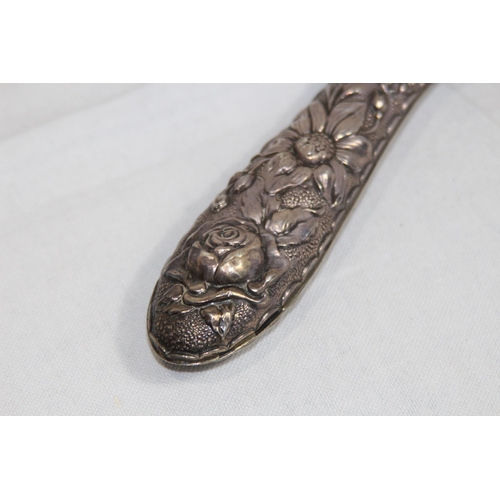 1091 - LARGE SILVER HAND MIRROR WITH BEAUTIFUL FLORAL EMBOSSED DECORATION WITH A LARGE VARIETY OF FLOWERS B... 