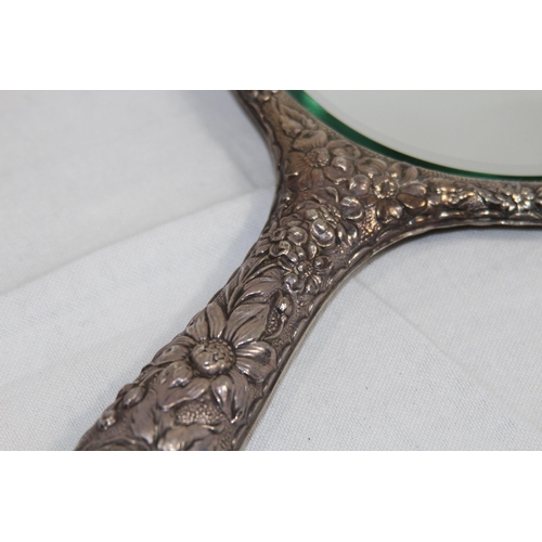 1091 - LARGE SILVER HAND MIRROR WITH BEAUTIFUL FLORAL EMBOSSED DECORATION WITH A LARGE VARIETY OF FLOWERS B... 