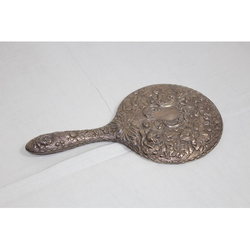 1091 - LARGE SILVER HAND MIRROR WITH BEAUTIFUL FLORAL EMBOSSED DECORATION WITH A LARGE VARIETY OF FLOWERS B... 