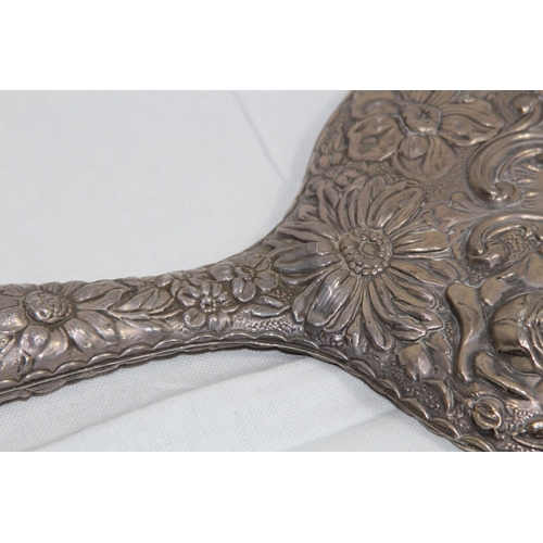 1091 - LARGE SILVER HAND MIRROR WITH BEAUTIFUL FLORAL EMBOSSED DECORATION WITH A LARGE VARIETY OF FLOWERS B... 