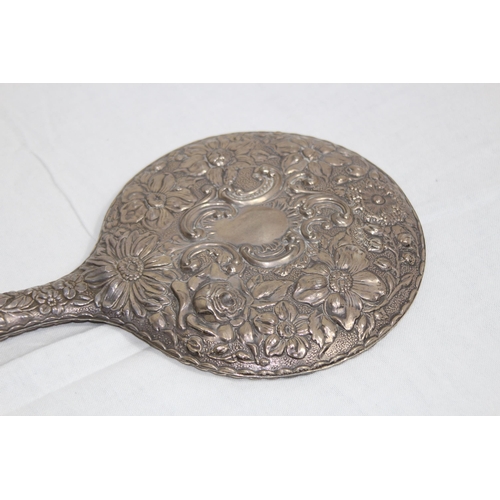 1091 - LARGE SILVER HAND MIRROR WITH BEAUTIFUL FLORAL EMBOSSED DECORATION WITH A LARGE VARIETY OF FLOWERS B... 