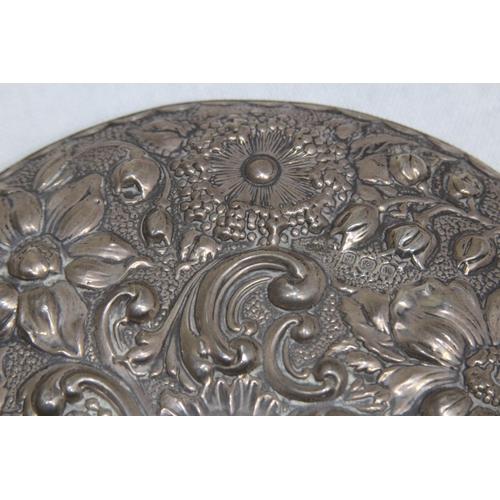 1091 - LARGE SILVER HAND MIRROR WITH BEAUTIFUL FLORAL EMBOSSED DECORATION WITH A LARGE VARIETY OF FLOWERS B... 