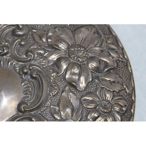 1091 - LARGE SILVER HAND MIRROR WITH BEAUTIFUL FLORAL EMBOSSED DECORATION WITH A LARGE VARIETY OF FLOWERS B... 