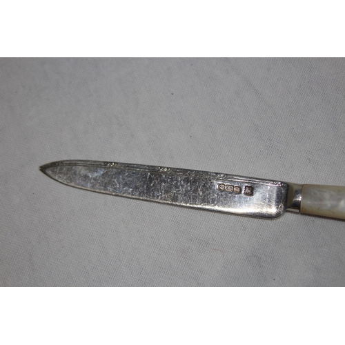 1096 - SILVER BLADED AND TINED KNIFE AND FORK WITH MOTHER OF PEARL HANDLE - GROSS WEIGHT 91.2G - M H AND CO... 