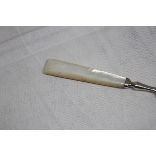 1096 - SILVER BLADED AND TINED KNIFE AND FORK WITH MOTHER OF PEARL HANDLE - GROSS WEIGHT 91.2G - M H AND CO... 