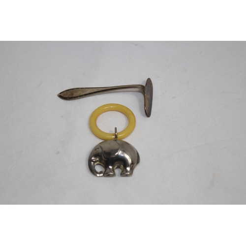 1141 - SILVER PUSHER BIRMINGHAM 1945 AND AN ELEPHANT CHILDS RATTLE WITH TEETHING RING