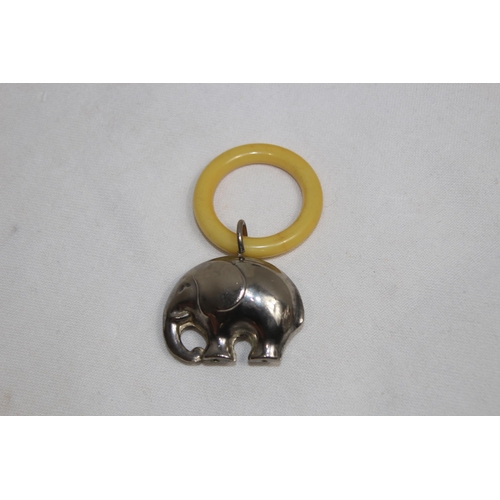 1141 - SILVER PUSHER BIRMINGHAM 1945 AND AN ELEPHANT CHILDS RATTLE WITH TEETHING RING