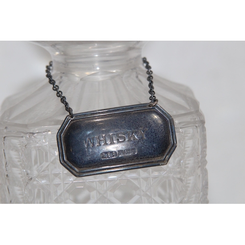 1134 - HALLMARKED SILVER WHISKEY DECANTER LABEL WITH DECANTER