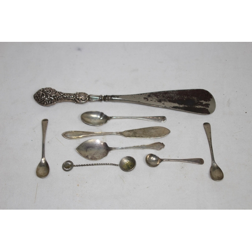 1138 - QUANTITY OF SILVER SPOONS - 68G AND SILVER HANDLED SHOE HORN