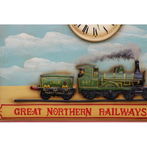 200 - GREAT NORTHERN RAILWAYS WOODEN SIGN AND CLOCK 
65 X 48CM