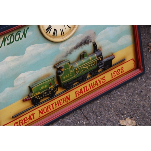 200 - GREAT NORTHERN RAILWAYS WOODEN SIGN AND CLOCK 
65 X 48CM