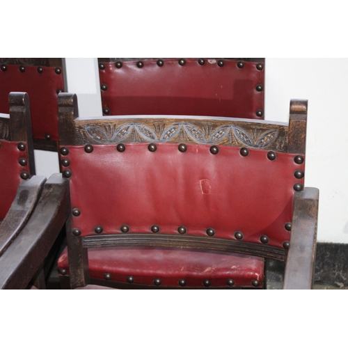 121 - SET OF FOUR RED LEATHER CHAIRS - 2 ARE CARVERS 
54 X 50 X 85CM