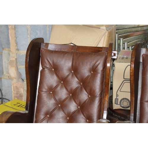 131 - PAIR OF LEATHER AND WOOD BARREL ARMCHAIRS 
63 X 63 X 107CM